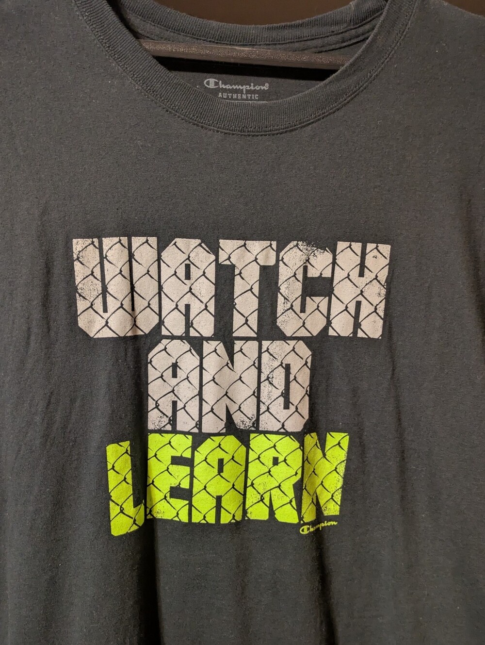 Men's XL Champion Black Tee with Neon Green and Gray Graphic